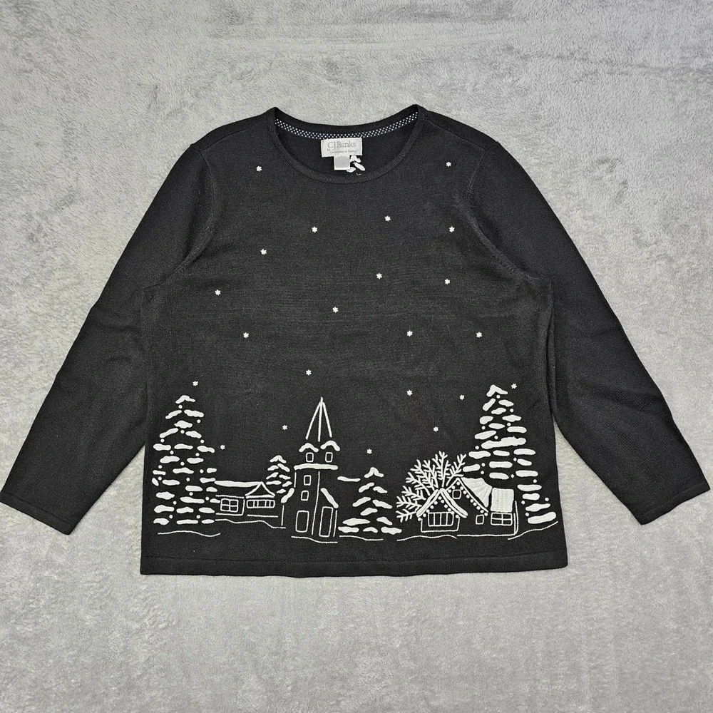 C.J. Banks 1X Black Winter Village Sweater White Knit‎ Scene Acrylic Pullover